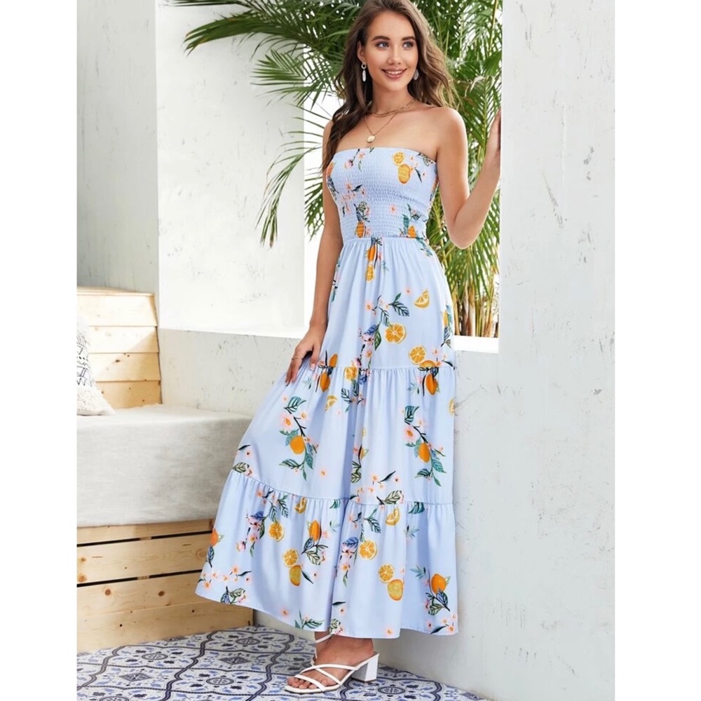 Fruit and Floral Print Shirred Tube Dress
